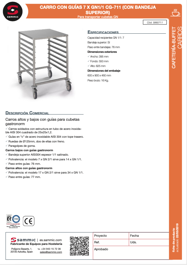 Imagen de Carro con guias Gastronorm Acero inoxidable Sammic CG-711